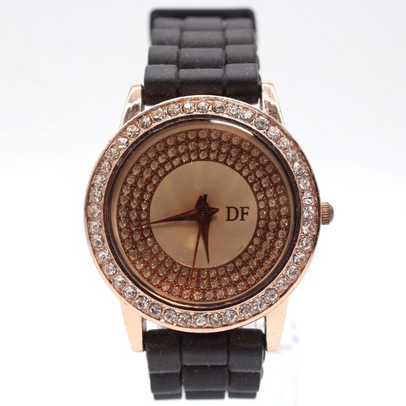 DF Watch Gold Tone Stainless Steel Classic Rhinestones Dial Black Rubber Band - Picture 2 of 6